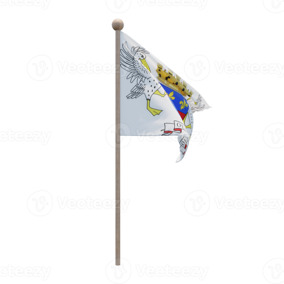 St. Barthelemy 3D-Darstellung Flagge auf der Stange. Fahnenmast aus Holz png