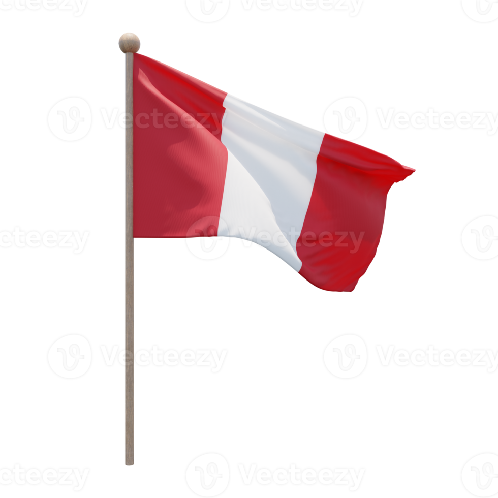 Peru 3d illustration flag on pole. Wood flagpole png