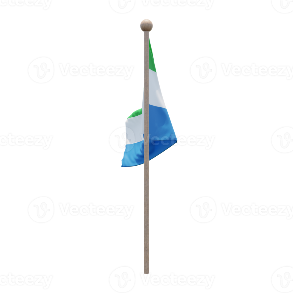 Sierra Leone 3d illustration flag on pole. Wood flagpole png