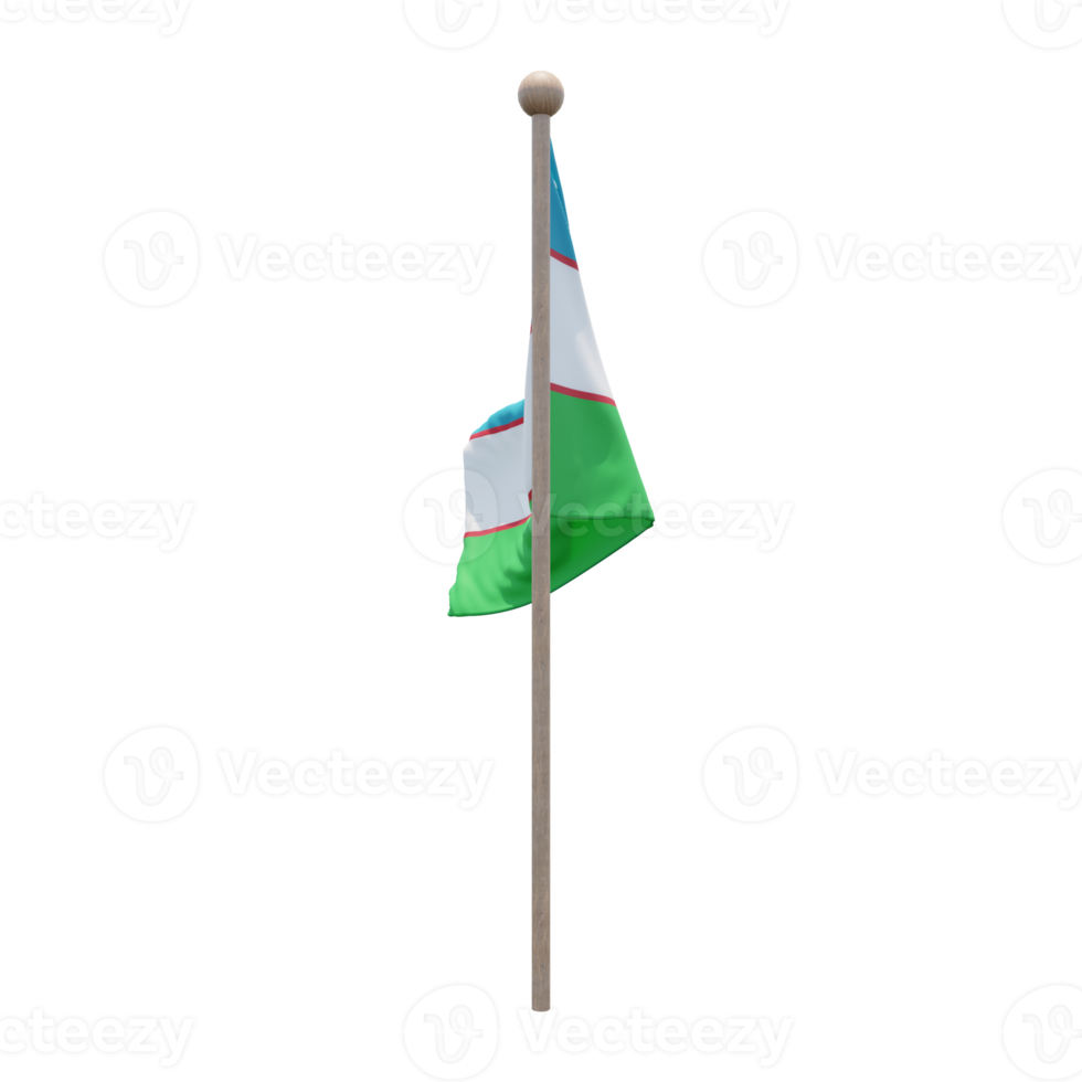 Uzbekistan 3d illustration flag on pole. Wood flagpole png