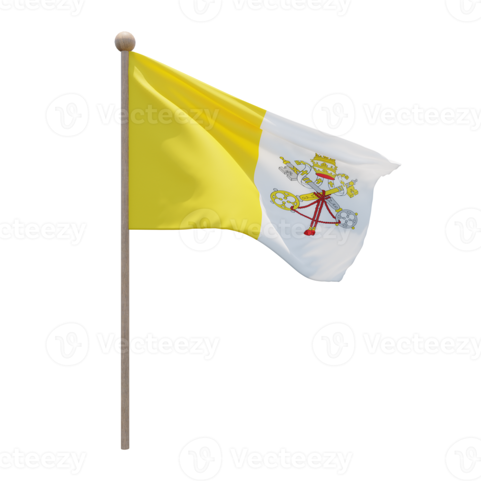 Vatican City 3d illustration flag on pole. Wood flagpole png