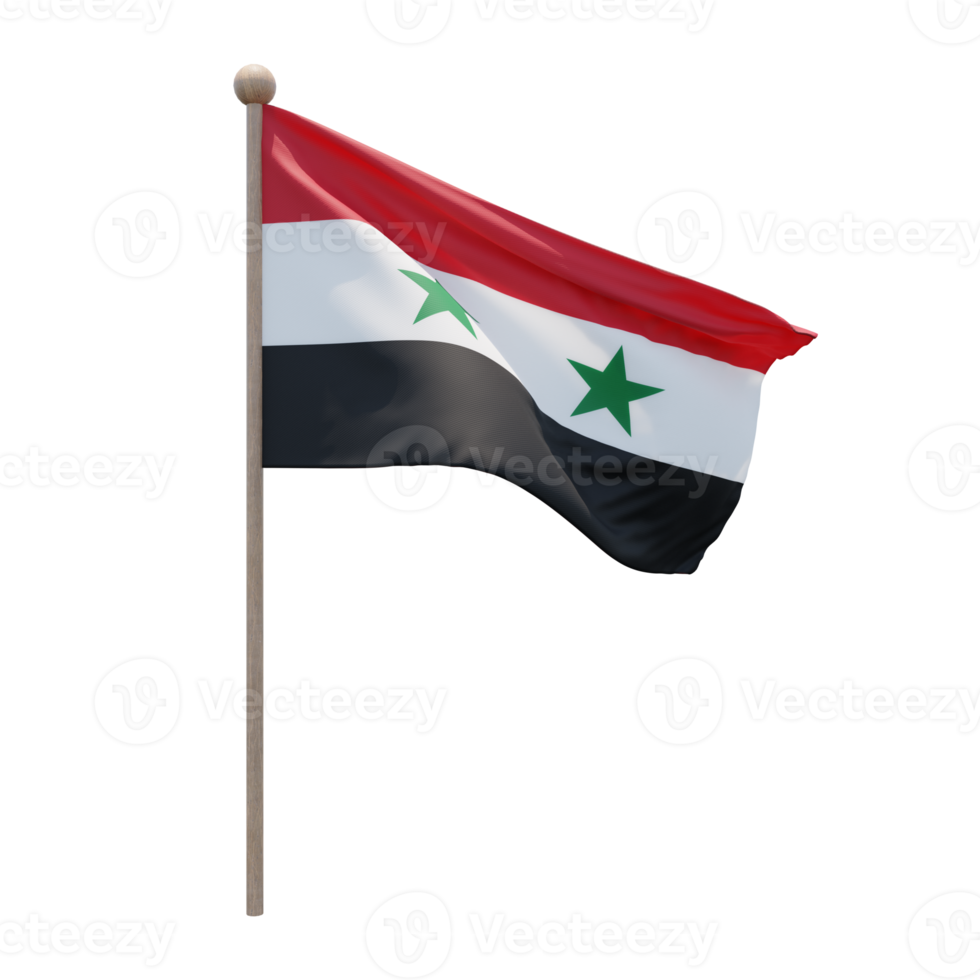 Syria 3d illustration flag on pole. Wood flagpole png