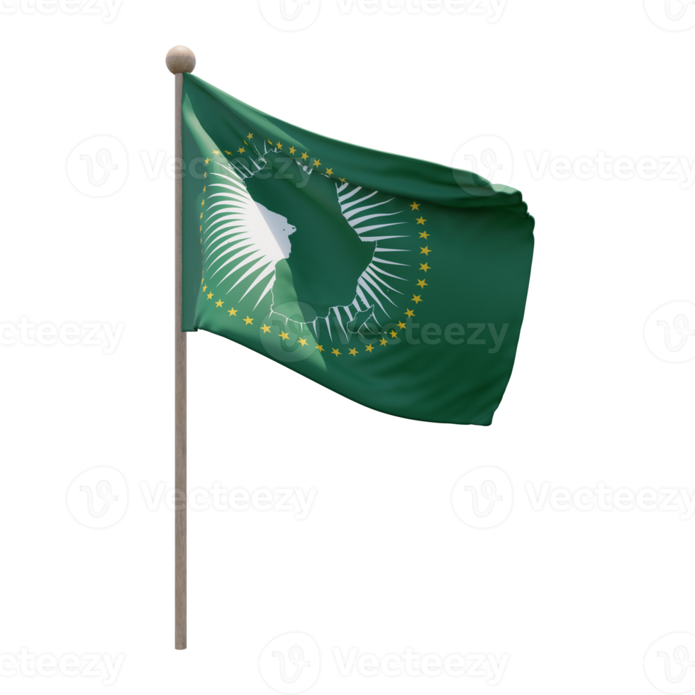 African Union 3d illustration flag on pole. Wood flagpole png