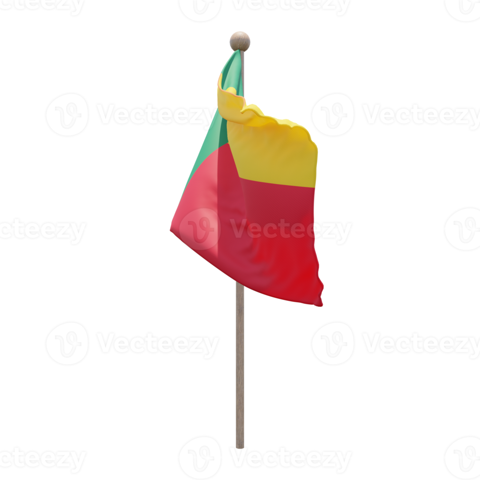 Benin 3d illustration flag on pole. Wood flagpole png