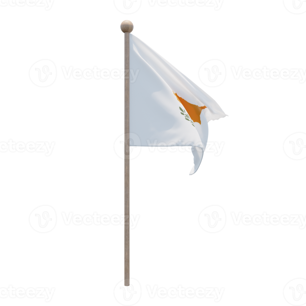 Cyprus 3d illustration flag on pole. Wood flagpole png