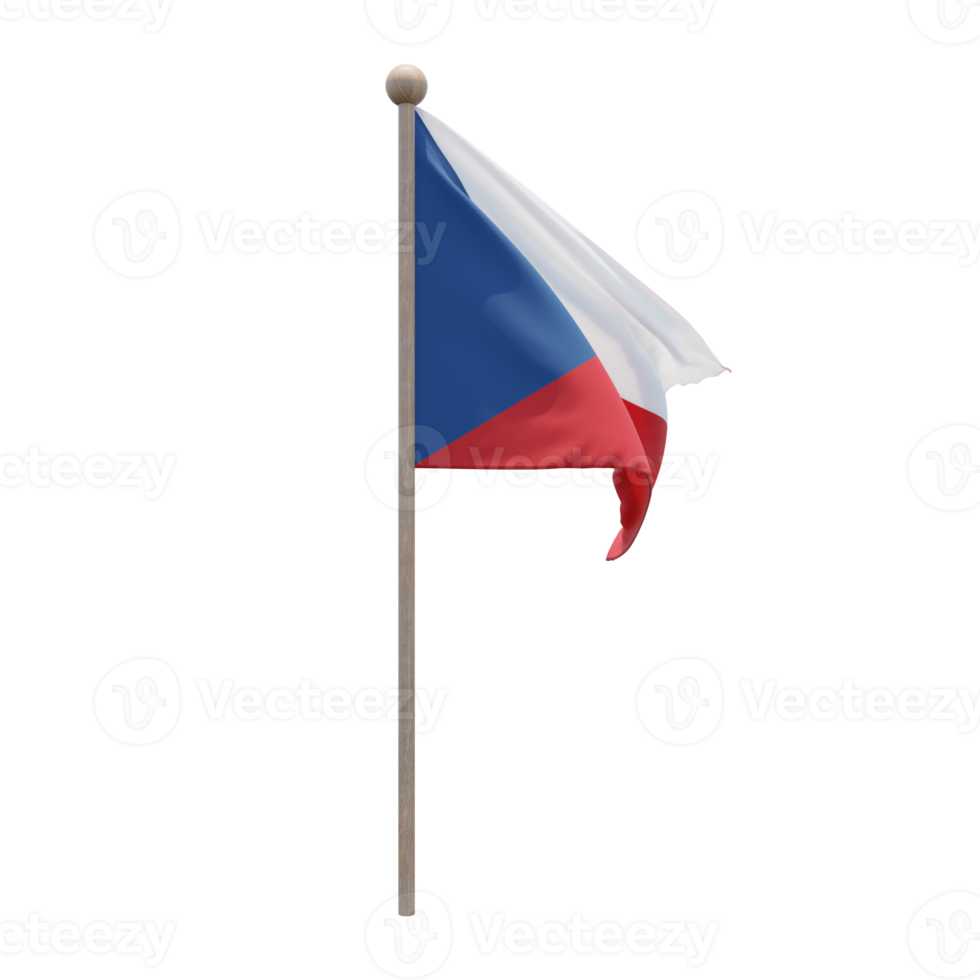 Czech Republic 3d illustration flag on pole. Wood flagpole png