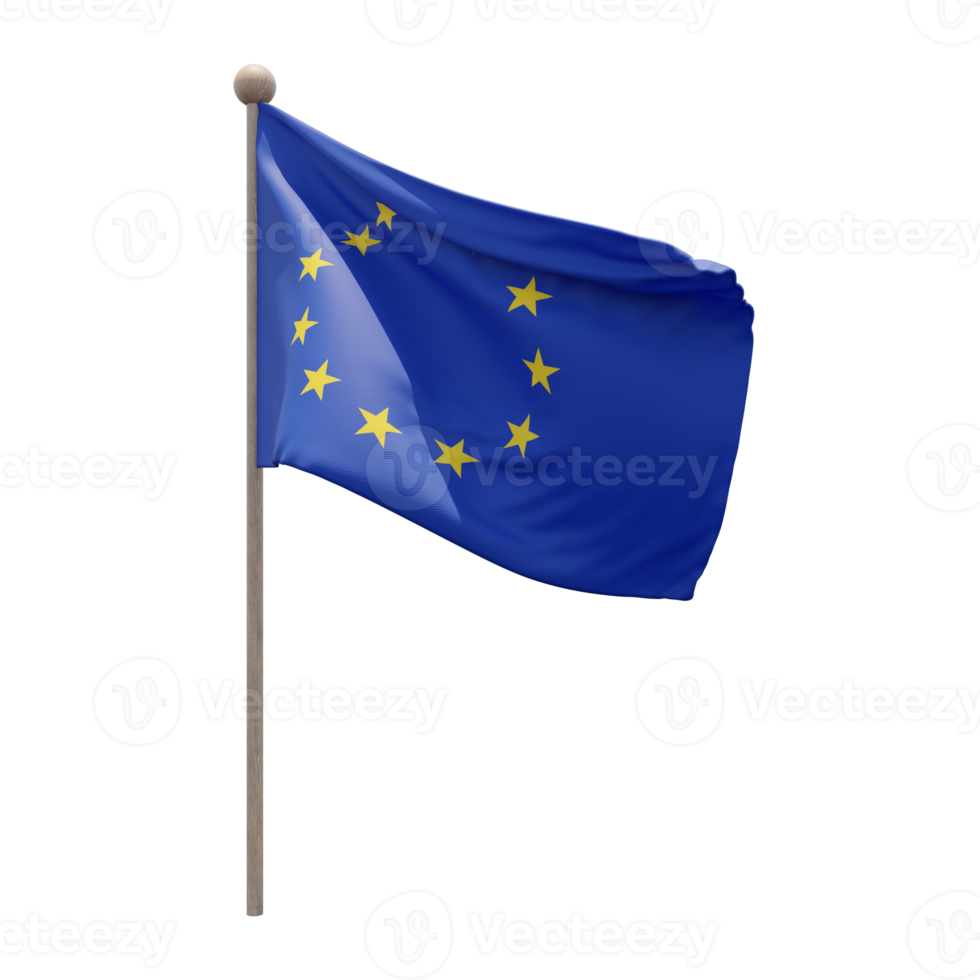 European Union 3d illustration flag on pole. Wood flagpole png