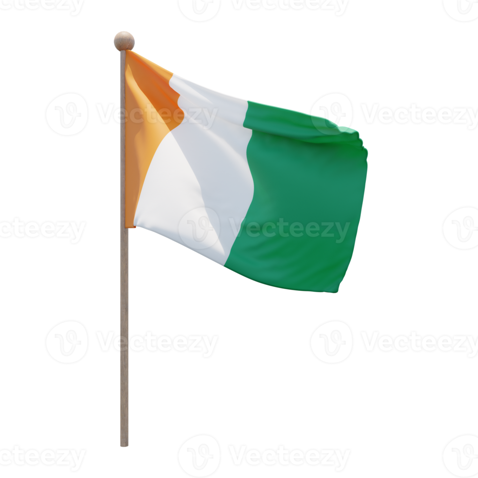 Ivory Coast 3d illustration flag on pole. Wood flagpole png