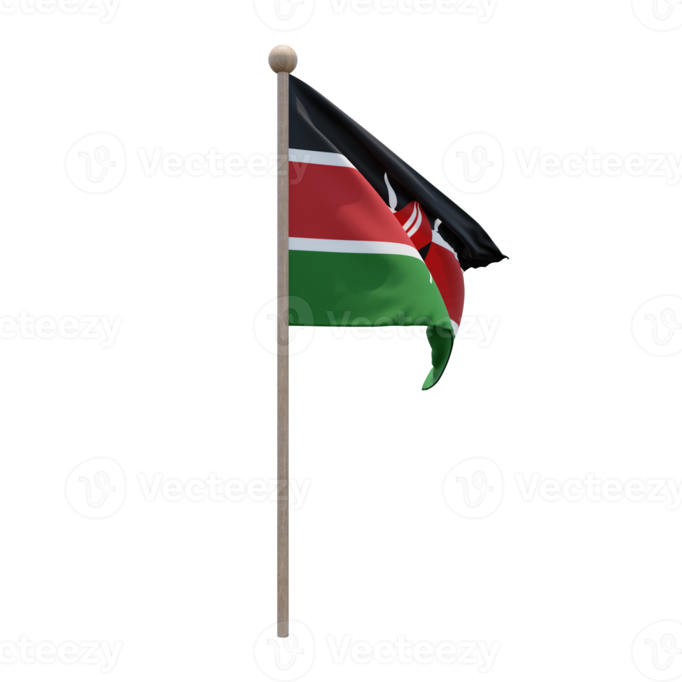 Kenya 3d illustration flag on pole. Wood flagpole png