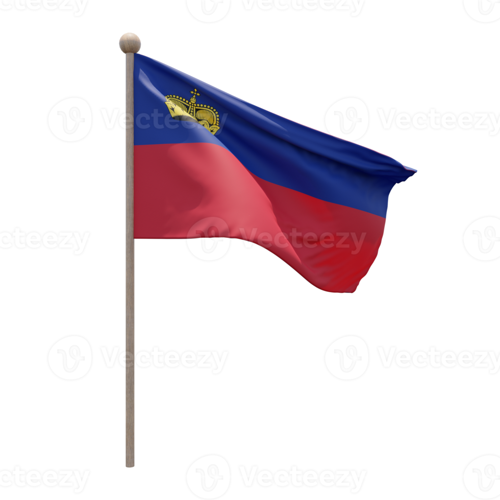 Liechtenstein 3d illustration flag on pole. Wood flagpole png