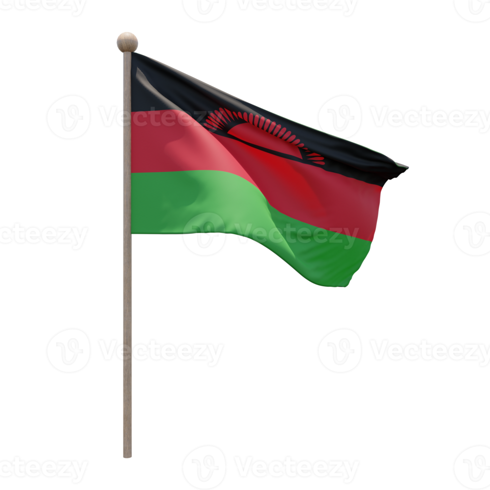 Malawi 3d illustration flag on pole. Wood flagpole png