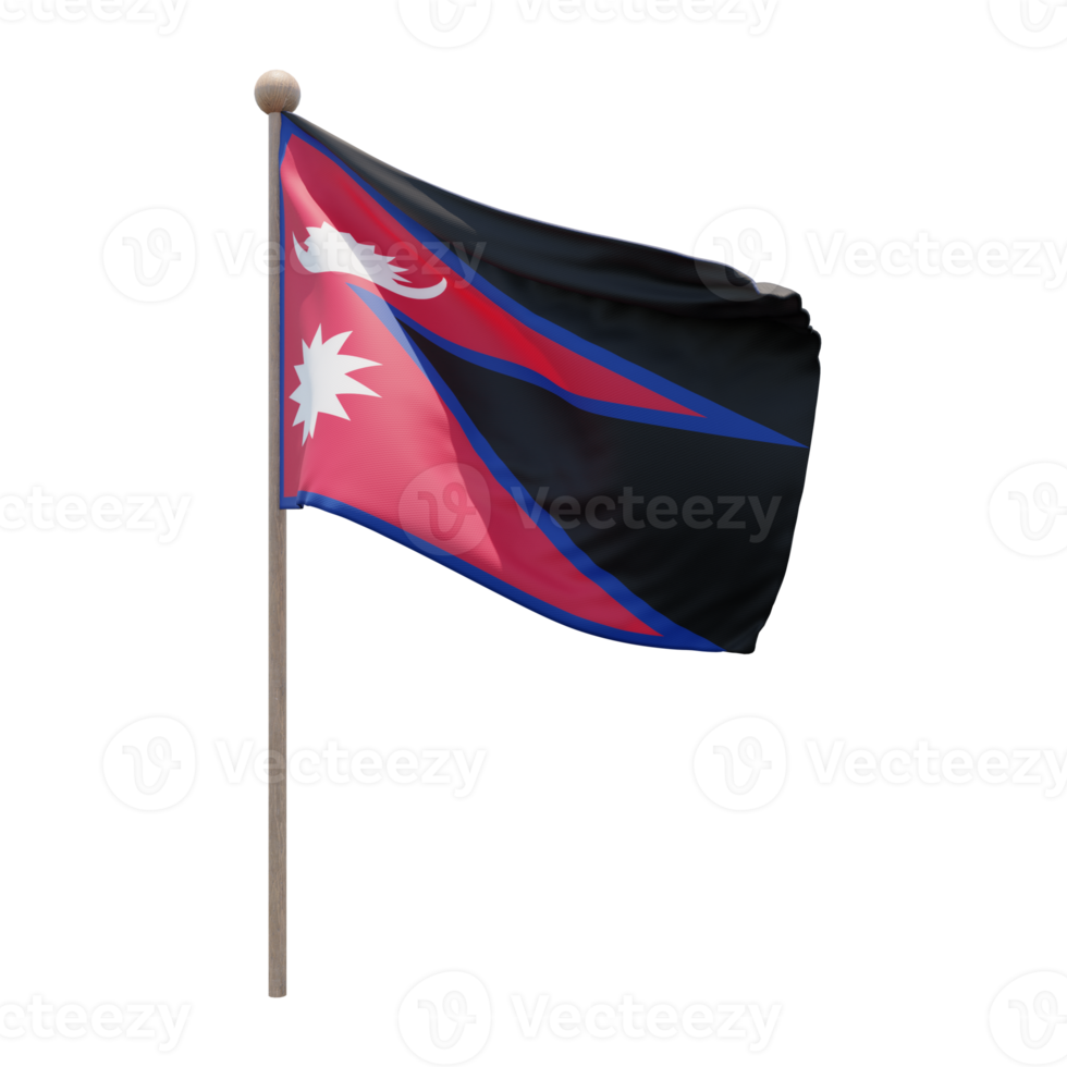 Nepal 3d illustration flag on pole. Wood flagpole png