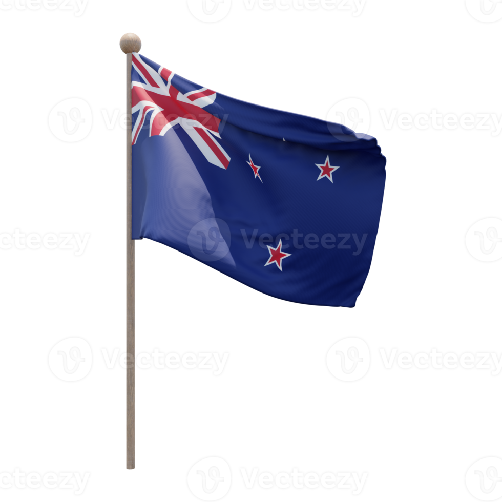 New Zealand 3d illustration flag on pole. Wood flagpole png