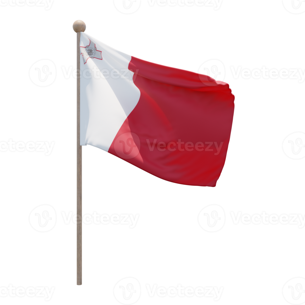 Malta 3d illustration flag on pole. Wood flagpole png