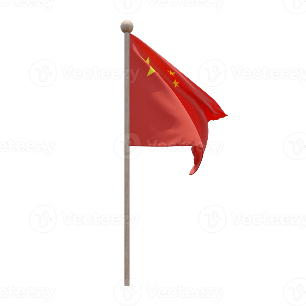 Peoples Republic of China 3d illustration flag on pole. Wood flagpole png