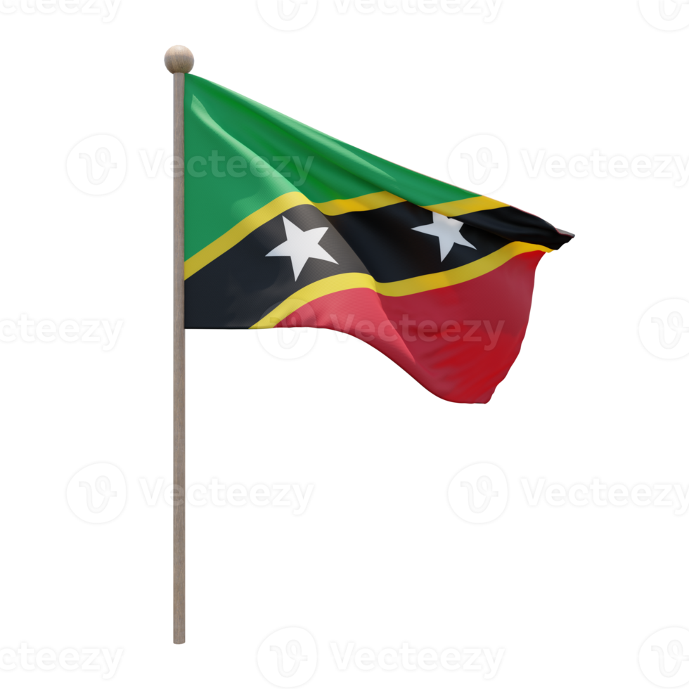 Saint Kitts and Nevis 3d illustration flag on pole. Wood flagpole png