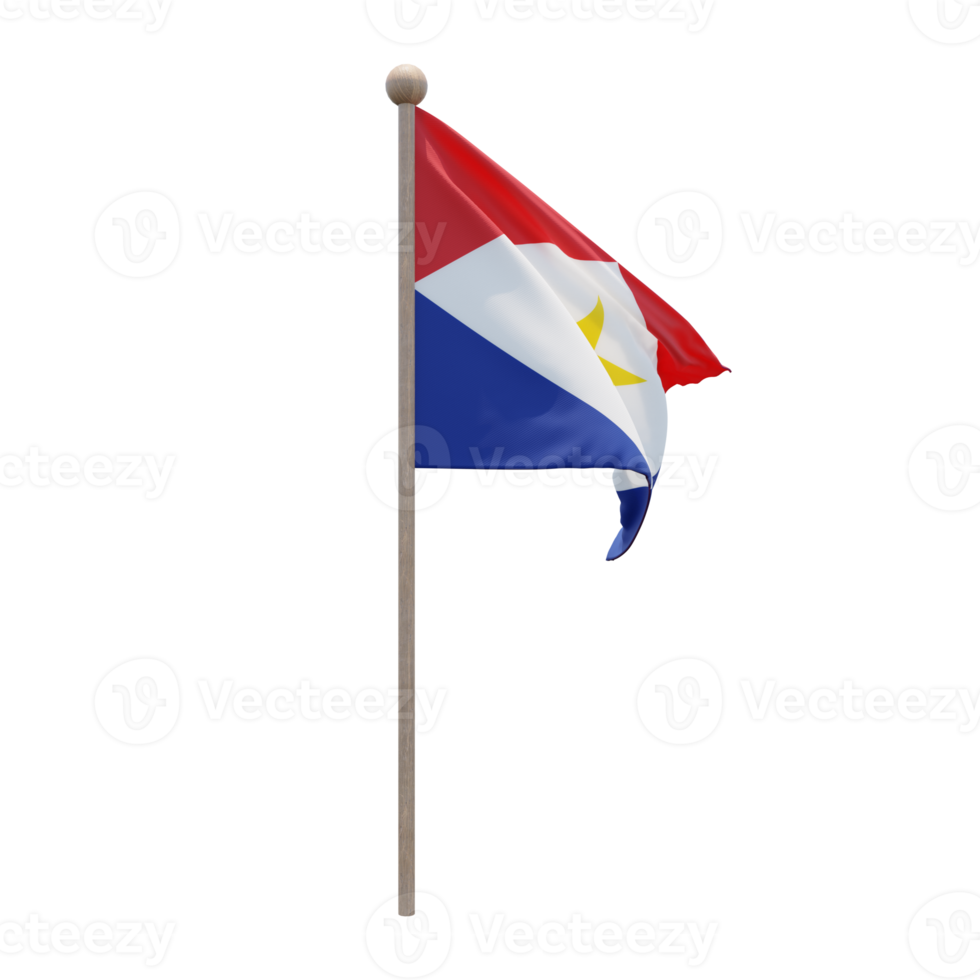Saba 3d illustration flag on pole. Wood flagpole png