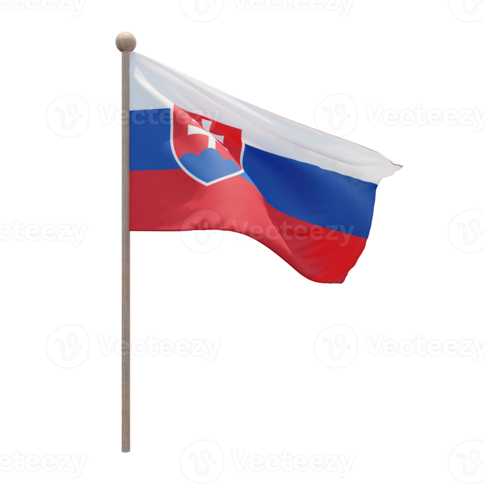 Slovakia 3d illustration flag on pole. Wood flagpole png