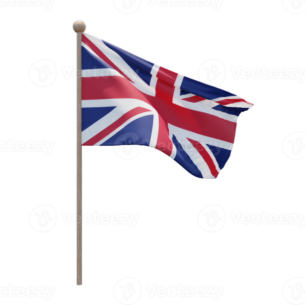 United Kingdom 3d illustration flag on pole. Wood flagpole png