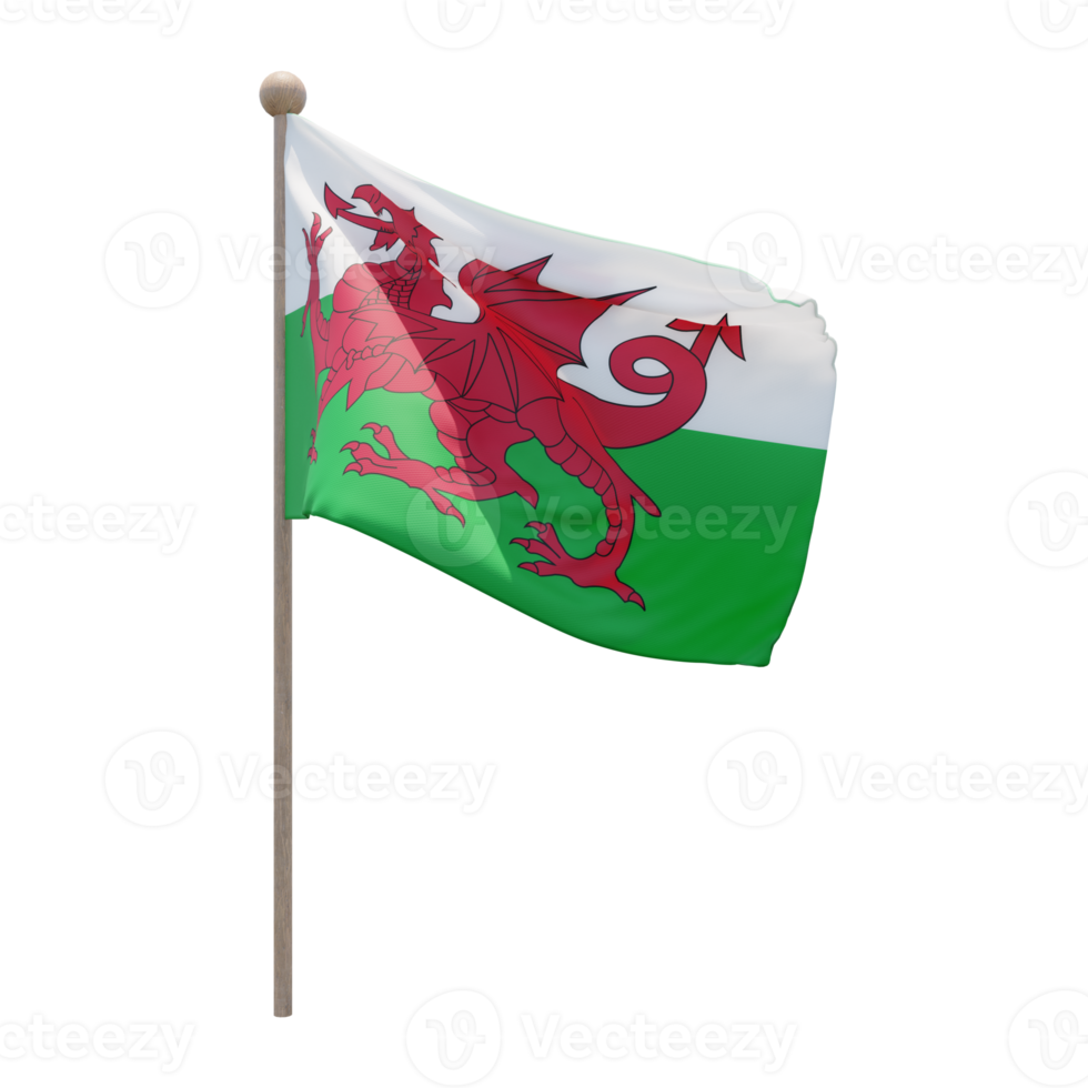 Wales 3d illustration flag on pole. Wood flagpole png