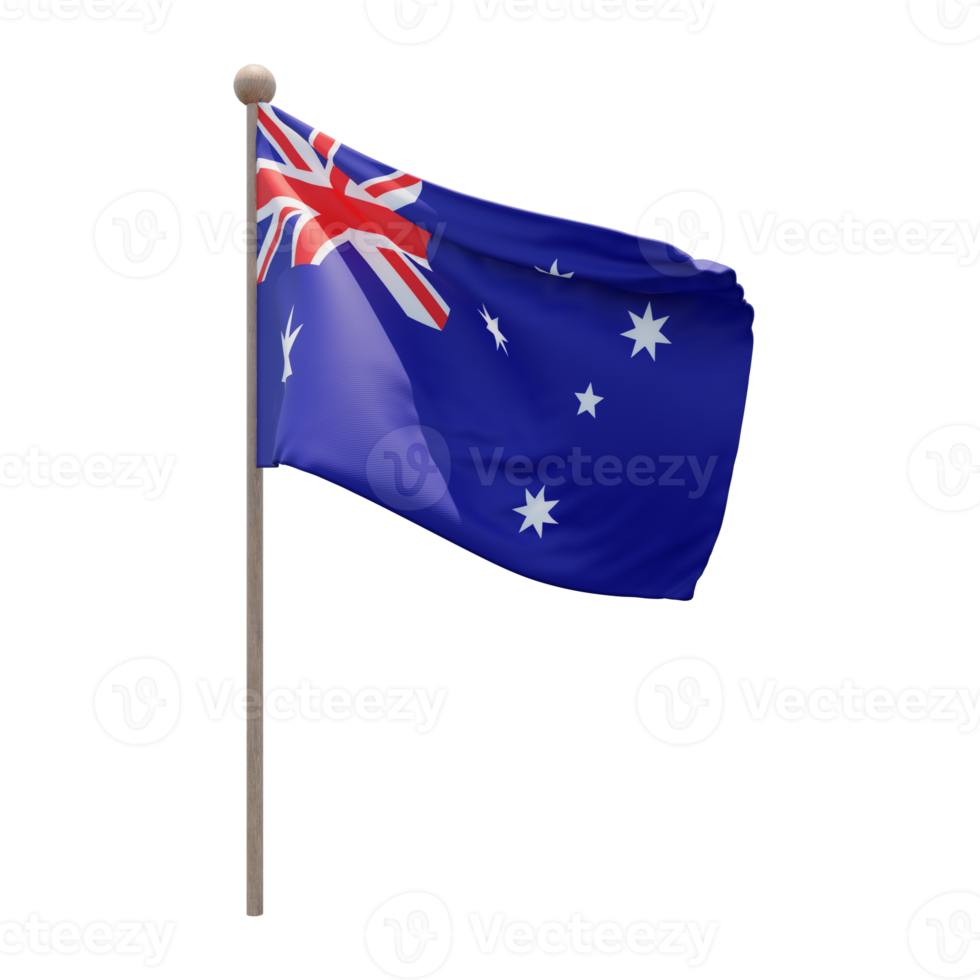 Australia 3d illustration flag on pole. Wood flagpole png