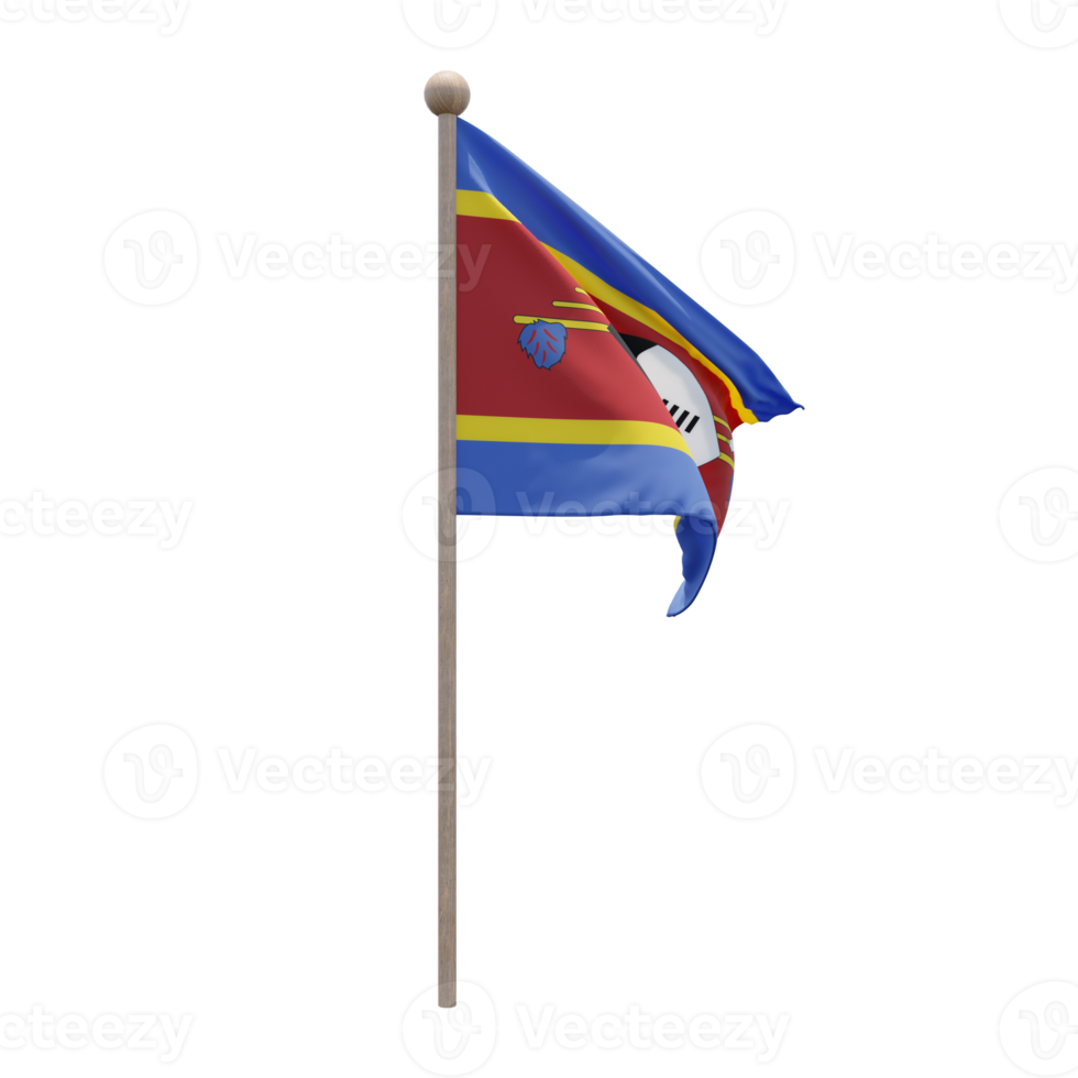 Eswatini 3D-Darstellung Flagge auf der Stange. Fahnenmast aus Holz png