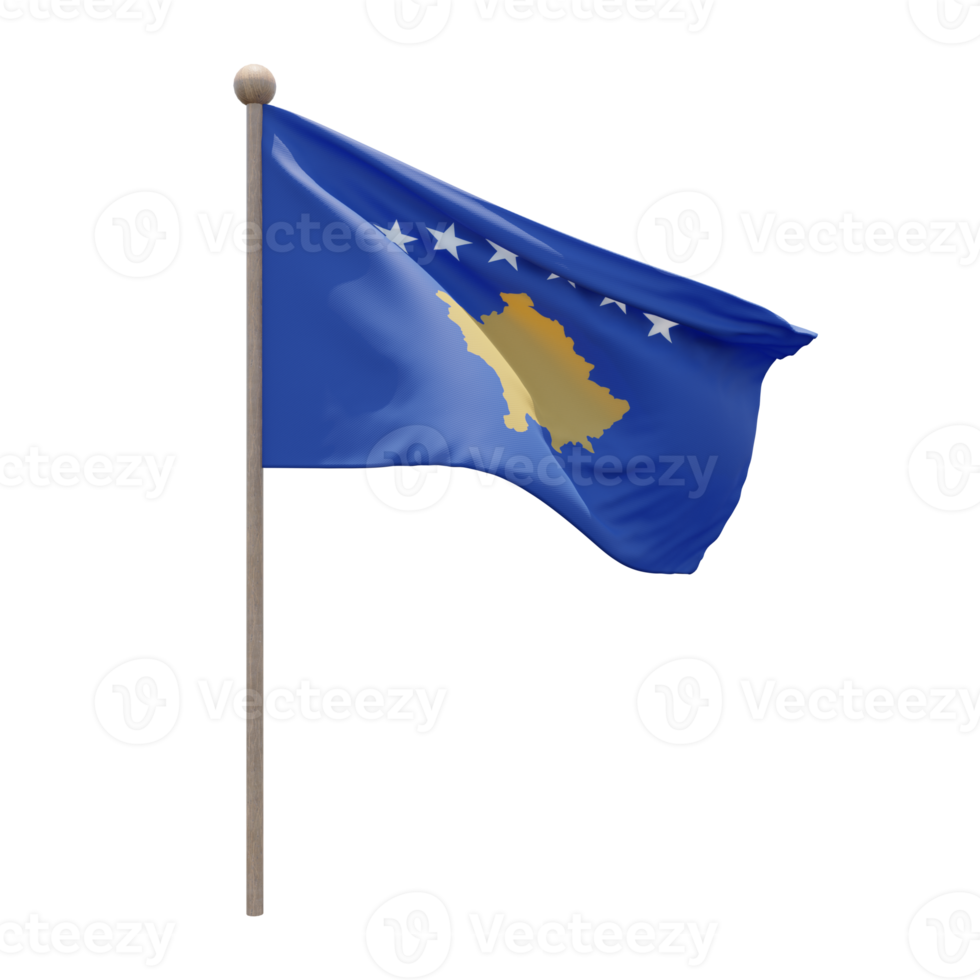 Kosovo 3d illustration flag on pole. Wood flagpole png