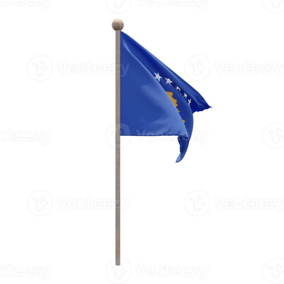 Kosovo 3d illustration flag on pole. Wood flagpole png