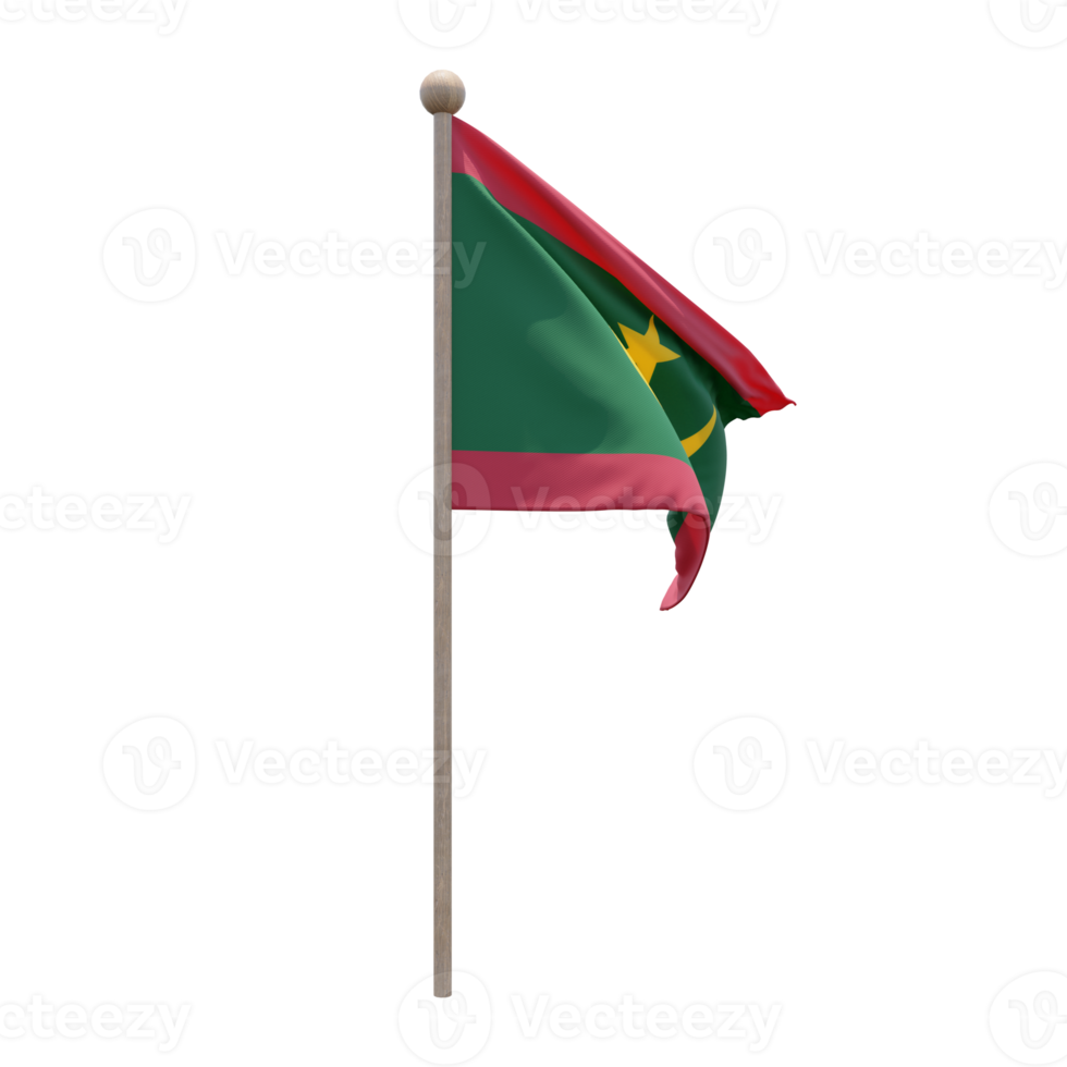 Mauritania 3d illustration flag on pole. Wood flagpole png