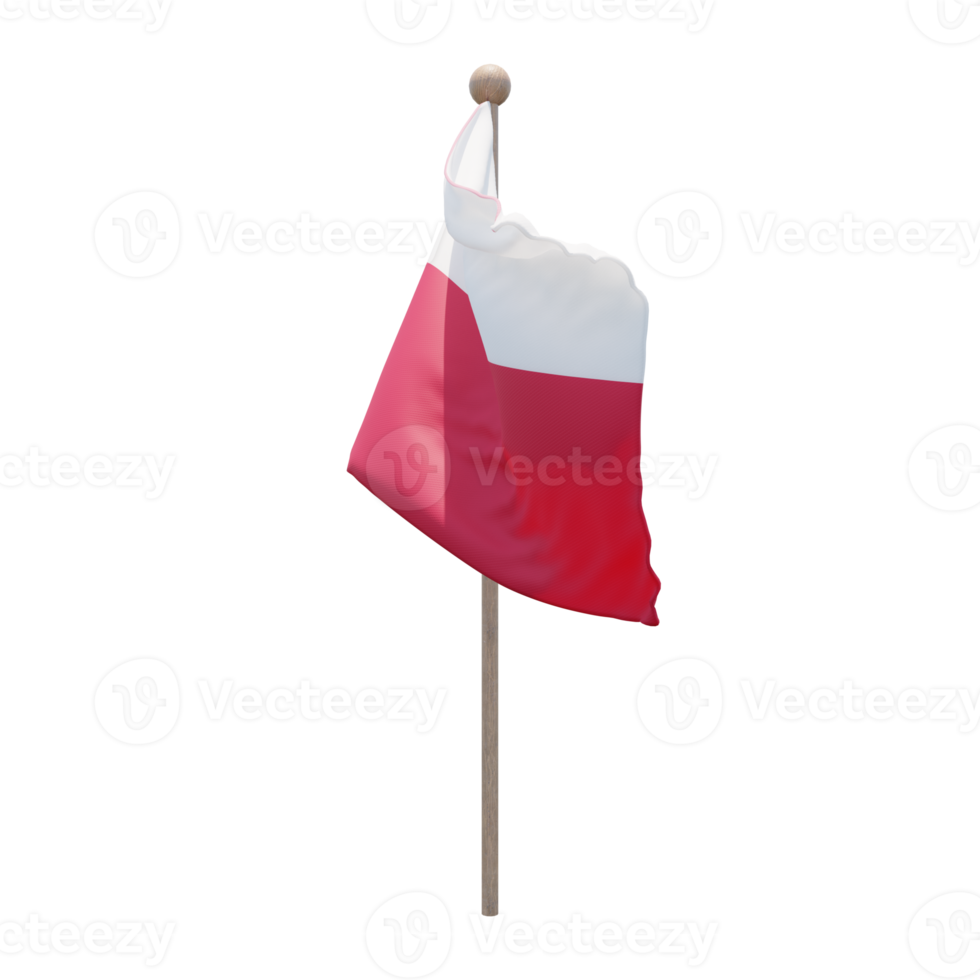 Poland 3d illustration flag on pole. Wood flagpole png