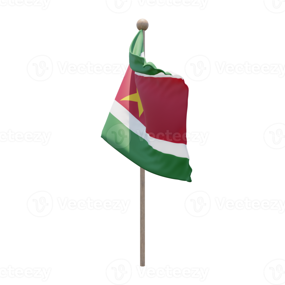 Suriname 3d illustration flag on pole. Wood flagpole png