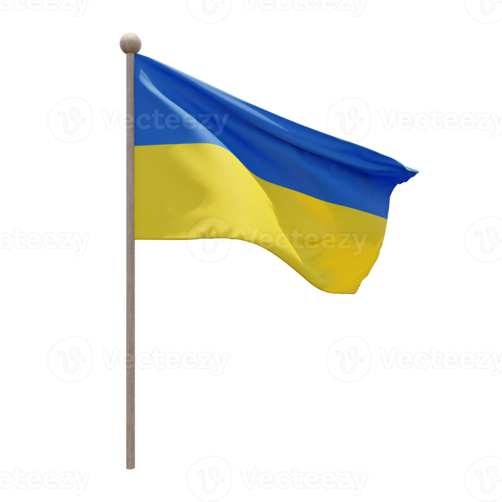 Ukraine 3d illustration flag on pole. Wood flagpole png