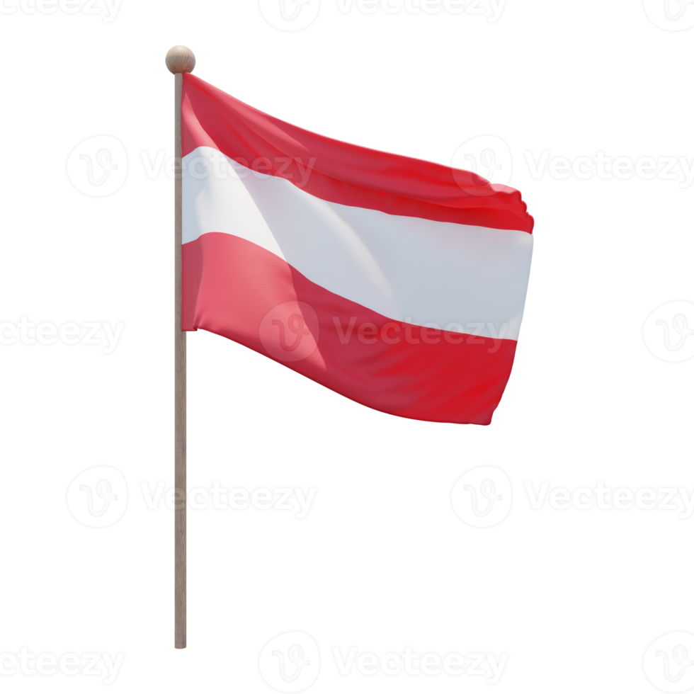 Austria 3d illustration flag on pole. Wood flagpole png