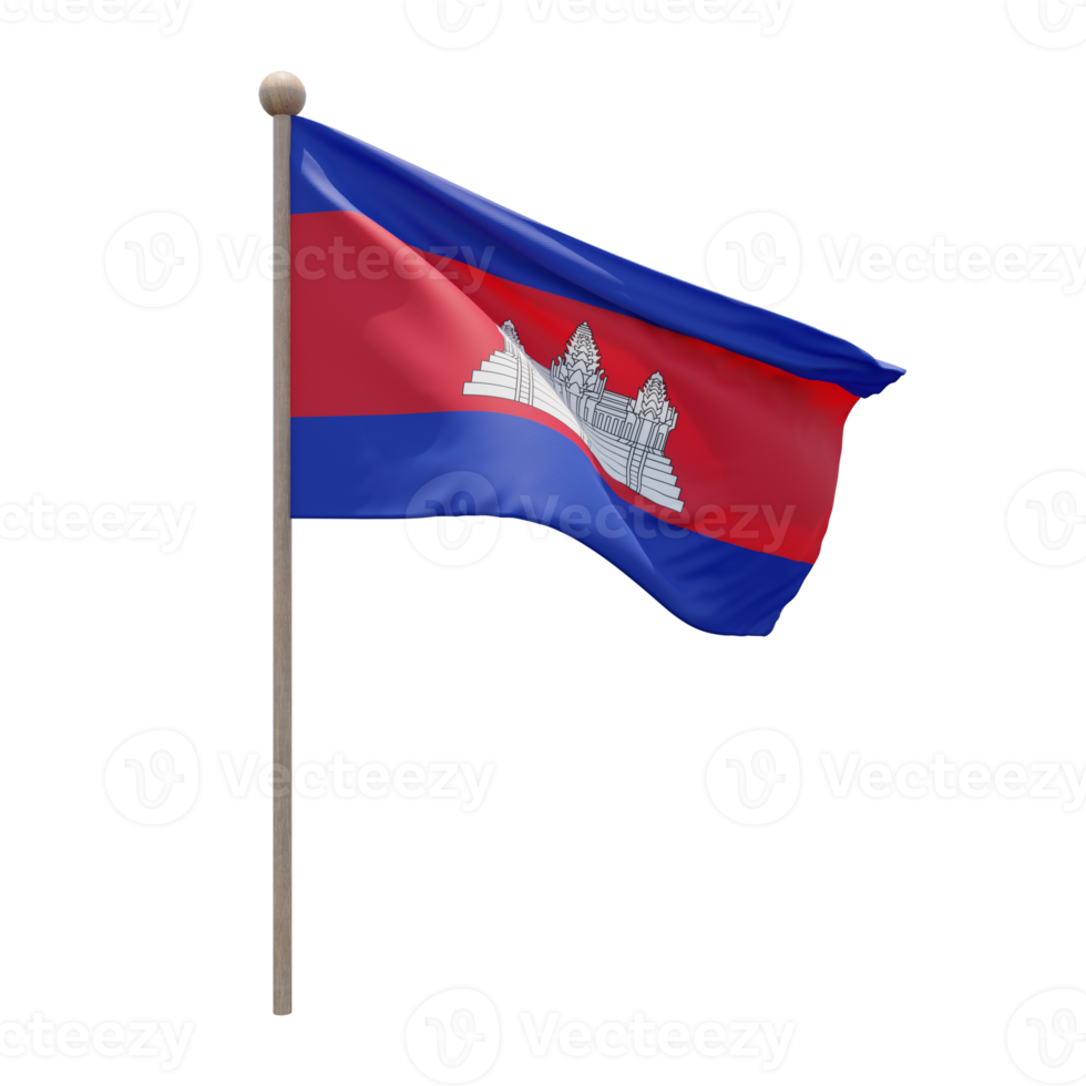 Cambodia 3d illustration flag on pole. Wood flagpole png