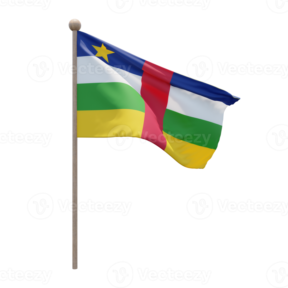 Central African Republic 3d illustration flag on pole. Wood flagpole png
