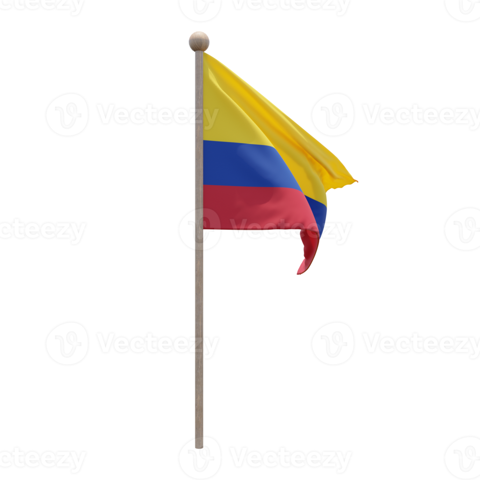 Colombia 3d illustration flag on pole. Wood flagpole png