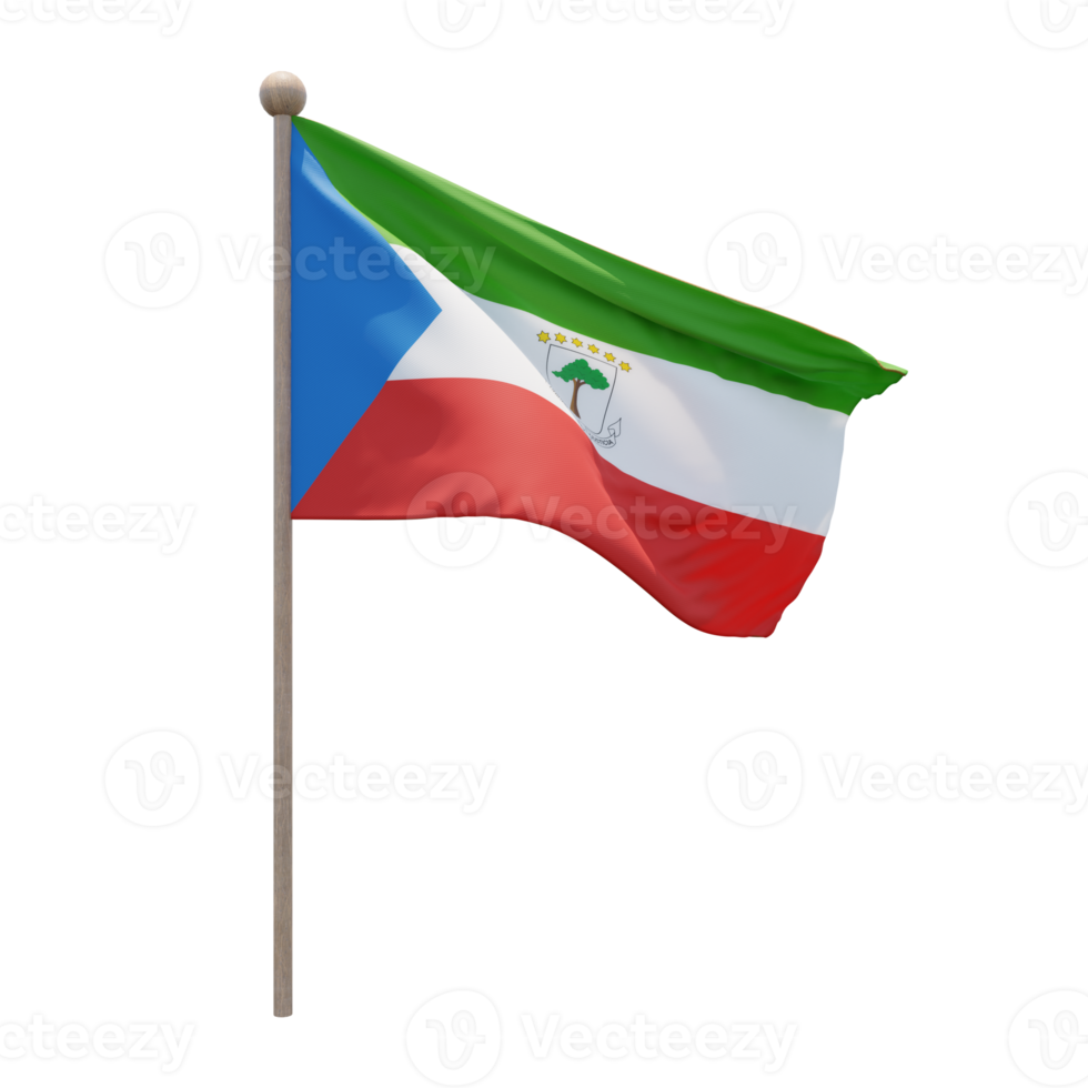 Equatorial Guinea 3d illustration flag on pole. Wood flagpole png