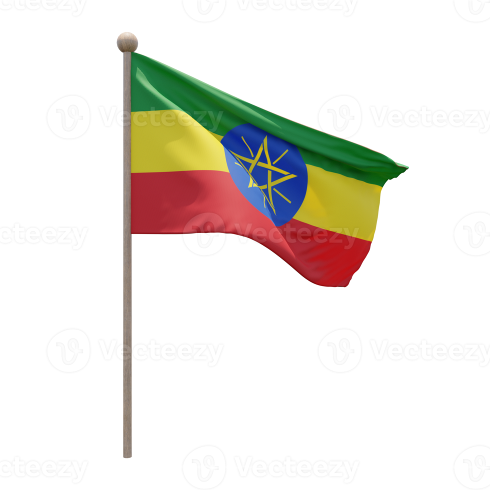 Äthiopien 3D-Darstellung Flagge auf der Stange. Fahnenmast aus Holz png