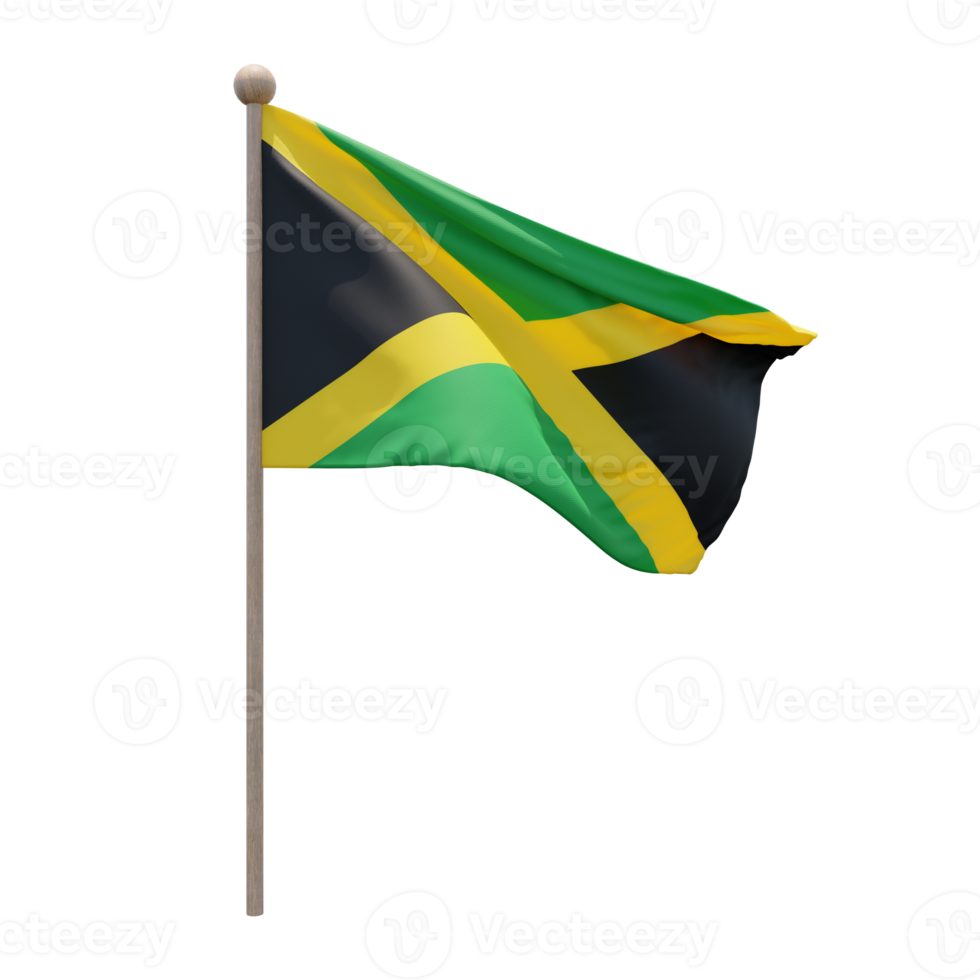 Jamaica 3d illustration flag on pole. Wood flagpole png