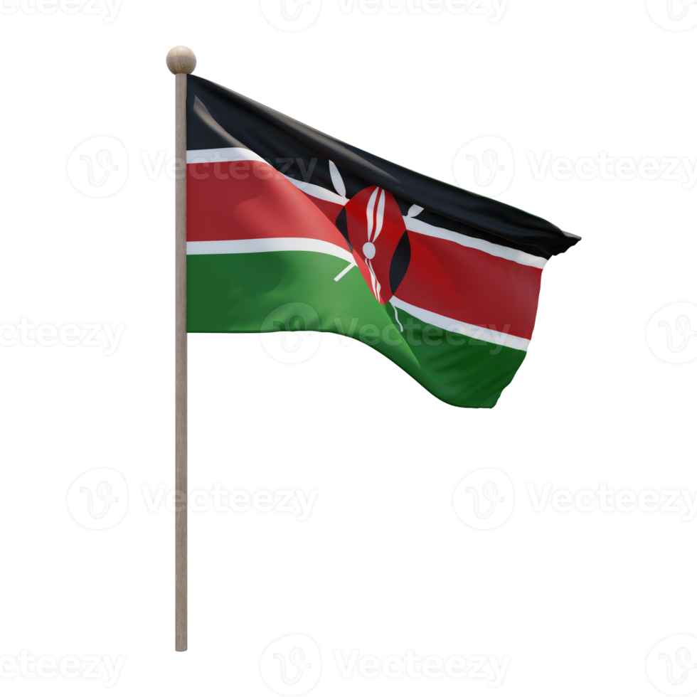 Kenya 3d illustration flag on pole. Wood flagpole png