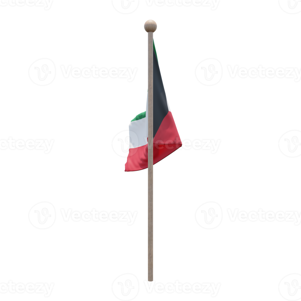 Kuwait 3d illustration flag on pole. Wood flagpole png