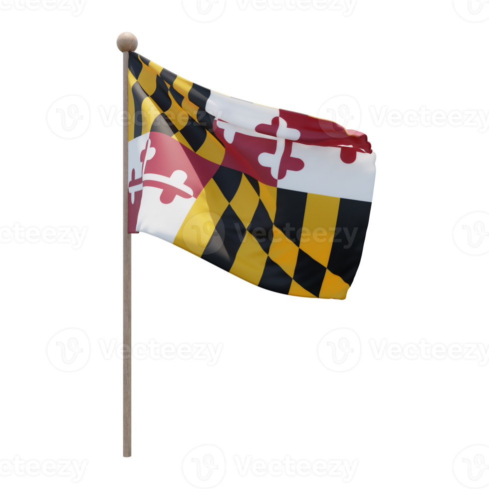 Maryland 3d illustration flag on pole. Wood flagpole png