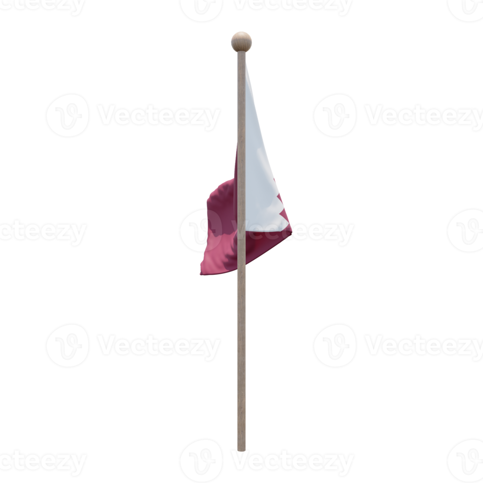 Qatar 3d illustration flag on pole. Wood flagpole png