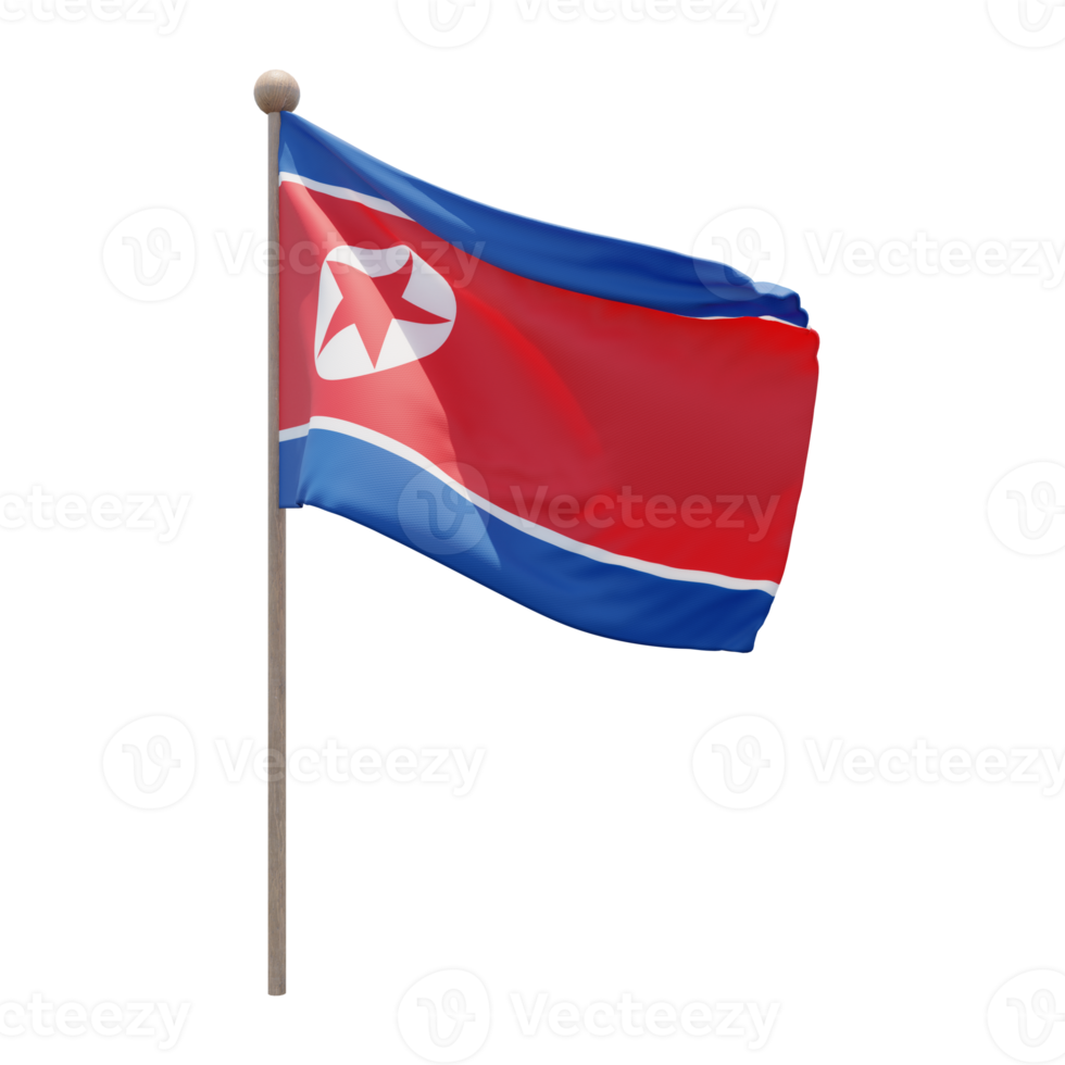 North Korea 3d illustration flag on pole. Wood flagpole png