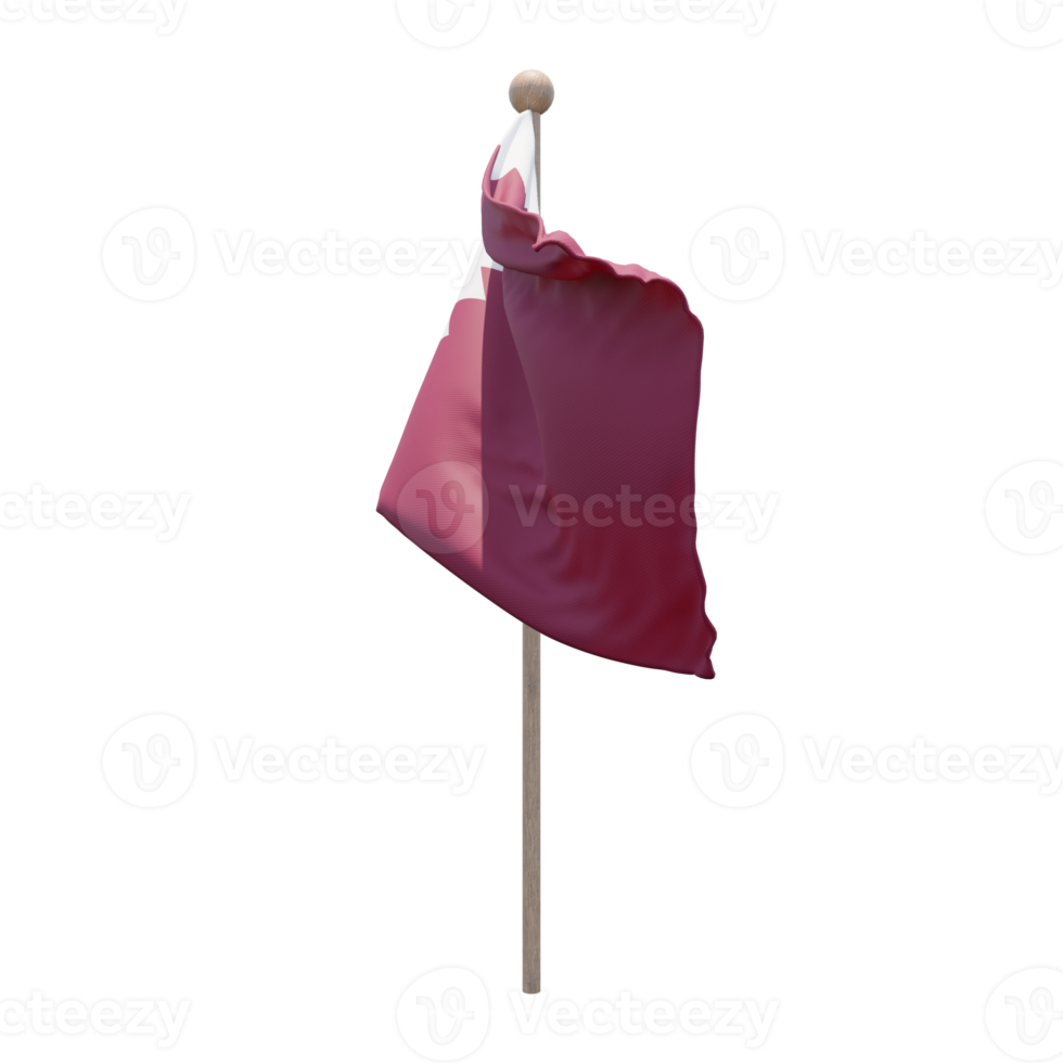 Qatar 3d illustration flag on pole. Wood flagpole png