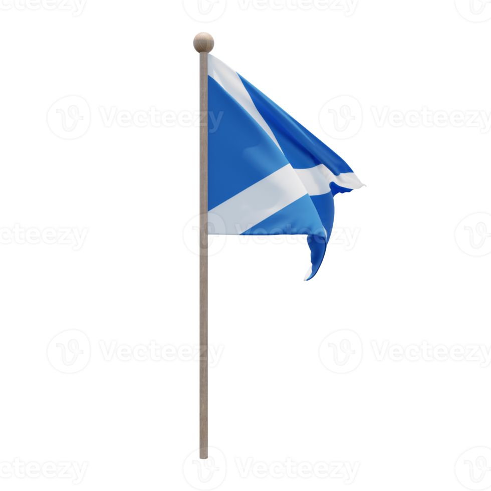 Scotland 3d illustration flag on pole. Wood flagpole png