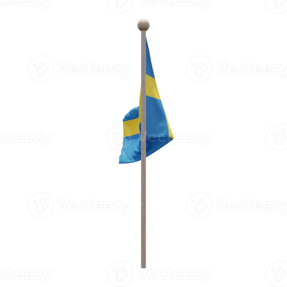 Sweden 3d illustration flag on pole. Wood flagpole png