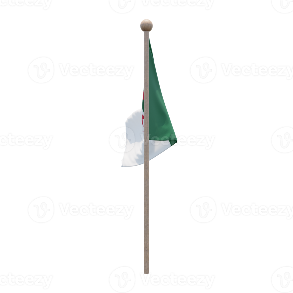 Algeria 3d illustration flag on pole. Wood flagpole png