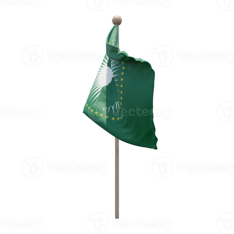 African Union 3d illustration flag on pole. Wood flagpole png