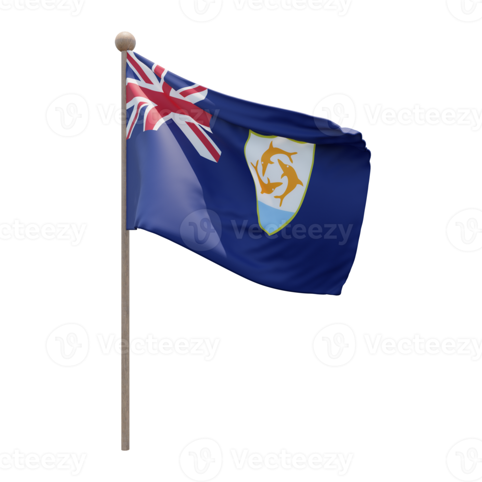 Anguilla 3d illustration flag on pole. Wood flagpole png